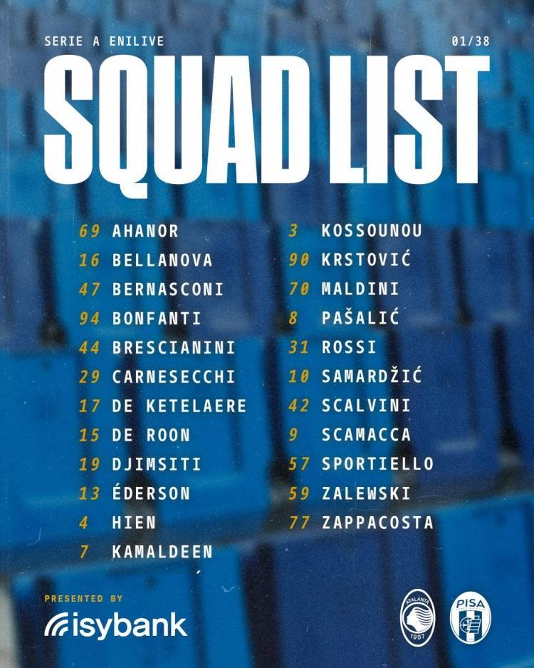 亚特兰大首轮大名单：德凯特拉雷、扎莱夫斯基在列，卢克曼缺席